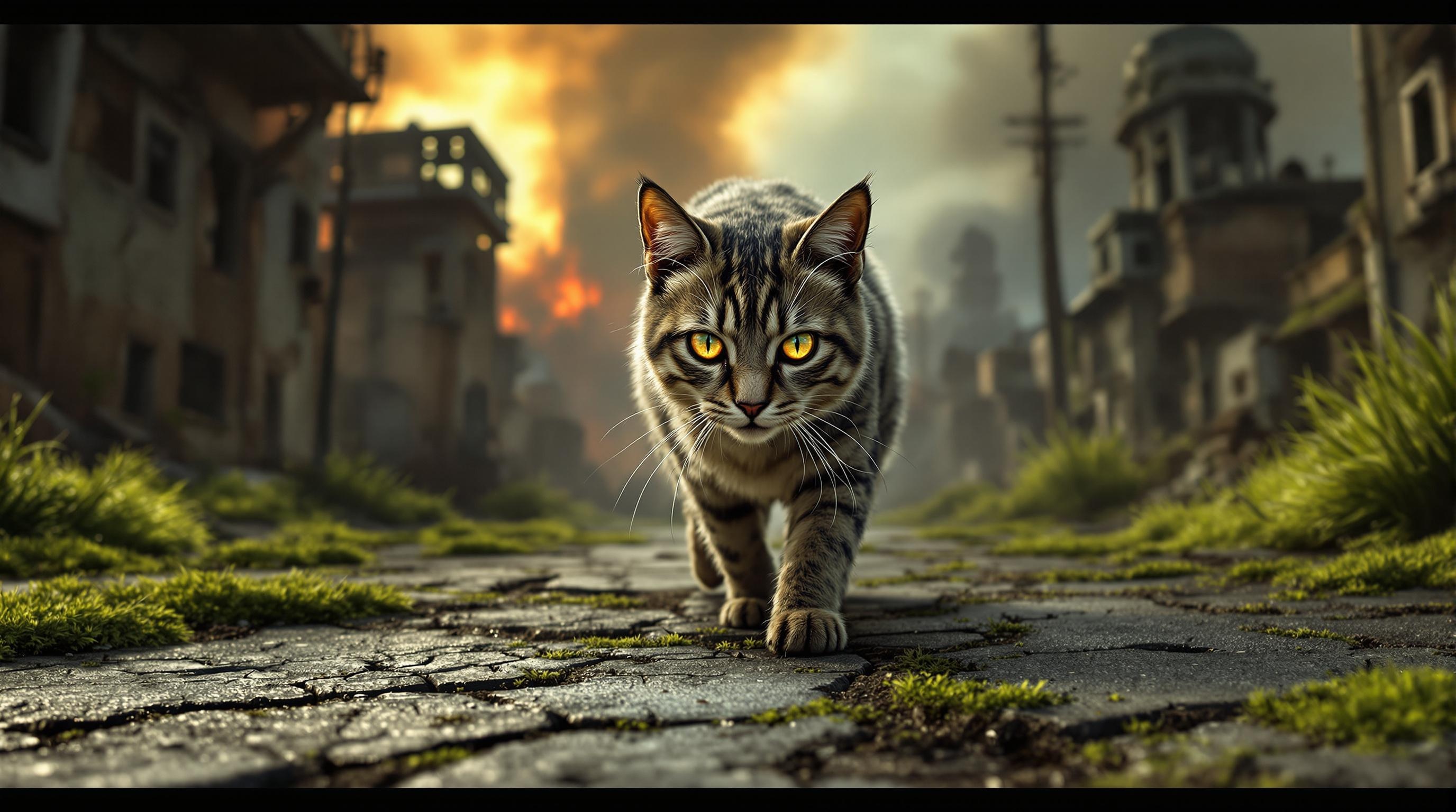 A scruffy, battle-scarred agressive cat prowls through a desolate, post-nuclear street, where cracked asphalt intertwines with vibrant green moss. Ominous skeletal buildings loom beneath a smoky, orange-hued sky. Its piercing gaze reflects survival instinct, contrasting haunting serenity, reminiscent of Fallout 2 and Mad Max. The scene captures a three-quarters view, adhering to the rule of thirds, with a close-up of the cat's full body, emphasizing its resilience against decay and desolation, evoking a profound emotional response, while the atmosphere is thick with tension and nostalgia.