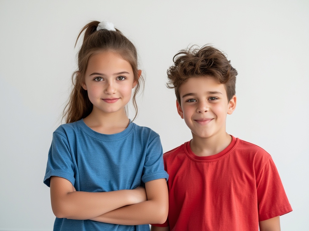 portrait of 8 years old girl and boy.  Girl wearing blue tshirt. Boy wearing red tshirt. They are standing opposite to camera. White background