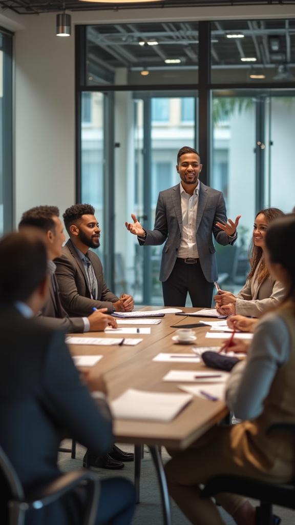 
A modern boardroom setting with a very small group of professionals engaged in a mental health certification training session. Every race (white, black, Asian, hispanic) and male and female. Mix of races and genders. men and women. They look fashionable.  Diversity. White people. Asian people. Black people. We see people of various races. The speaker, a confident facilitator, stands at the front, gesturing while explaining key points. The audience, consisting of men and women , is actively listening, smiling, and taking notes. The participants are dressed in  casual attire—some wearing sport coats, but no business suits or ties. The atmosphere is warm, professional, and welcoming, with natural lighting and a clean, modern office design. no people in the foreground.