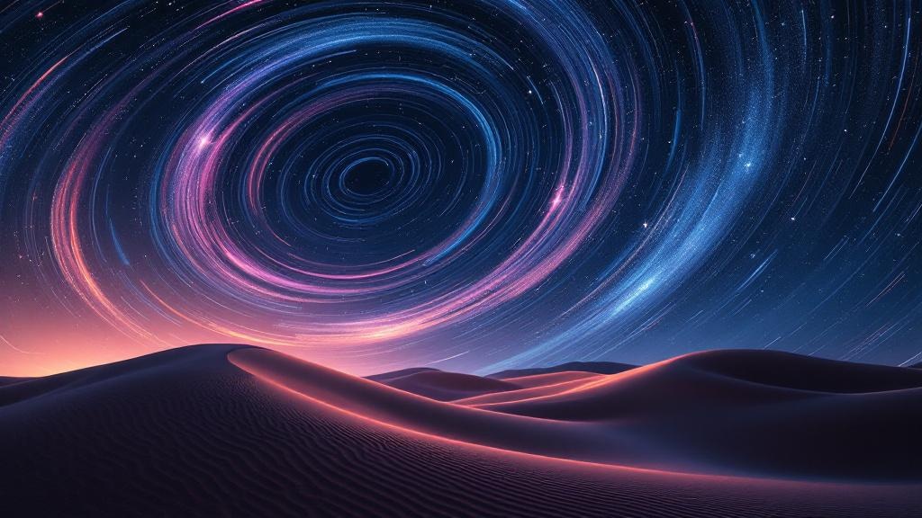 Make me a picture of dunes in front of swirling spinning, beautiful stars, with beautiful colors. Like it was captured in a movie.