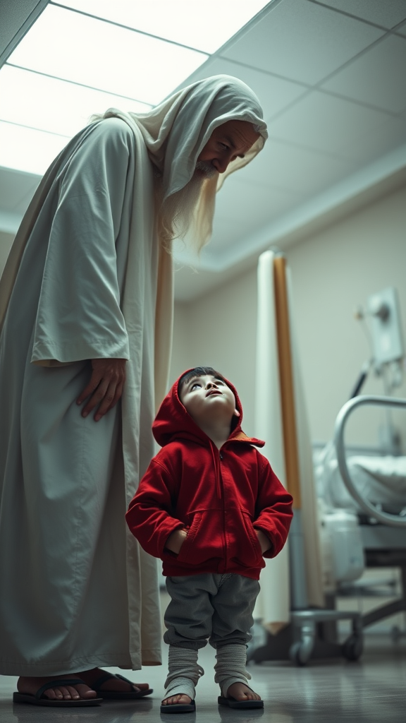 An emotional scene in a hospital setting, captured with hyper-realism and cinematic detail. A small boy, with bandages wrapped around his head and wearing a red hooded jacket, looks up with admiration and hope. He stands before a serene, majestic figure dressed in a long white robe and simple sandals. The figure leans gently toward him, with a compassionate expression and an inviting gesture, exuding a sense of spiritual comfort and reassurance.

The hospital environment in the background, softly blurred, includes a hospital bed and medical equipment, subtly suggesting a context of recovery or vulnerability. The lighting is soft and balanced, highlighting the boy’s facial features and the texture of the figure’s robe. The uniform white ceiling light casts a gentle glow over both subjects, emphasizing the contrast between innocence and majesty.

The scene is captured from a slightly low angle, in a medium shot, emphasizing the connection between the boy and the imposing figure, with a touch of transcendence and profound emotion
