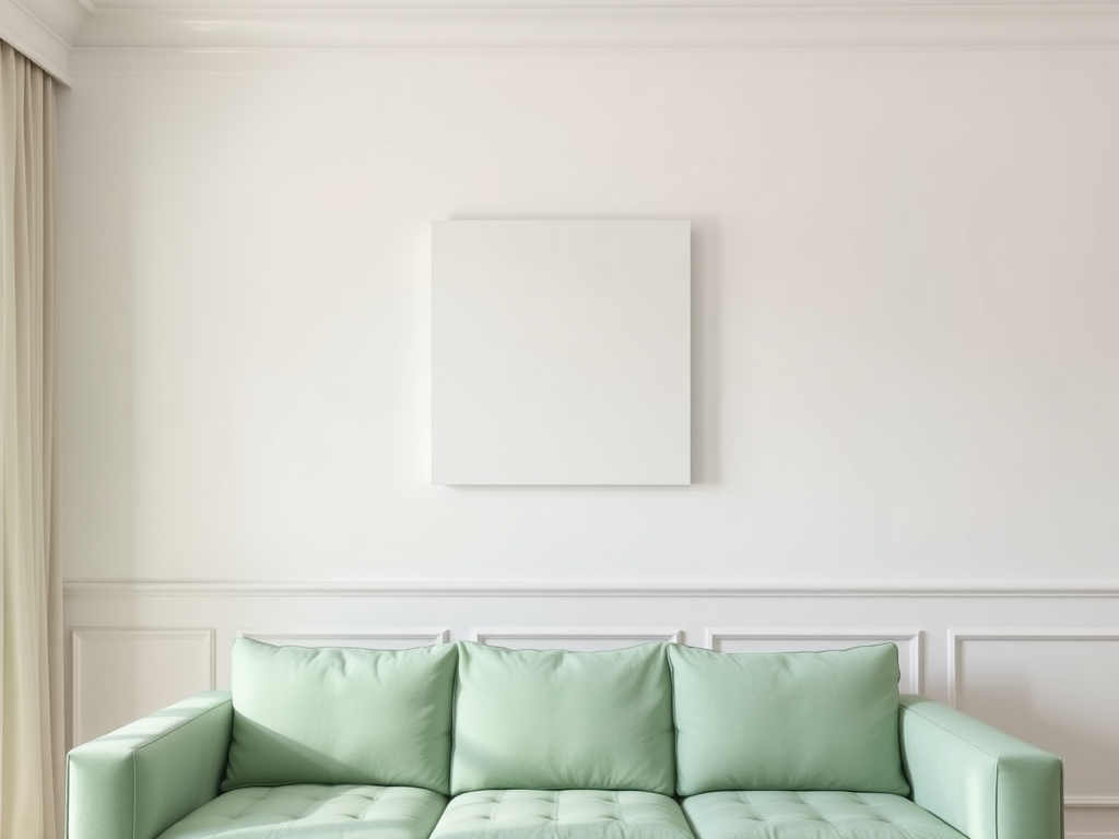 The wall of the house is off-white with a square panel on the wall, and at the bottom is a sofa in mint green color from a front perspective.