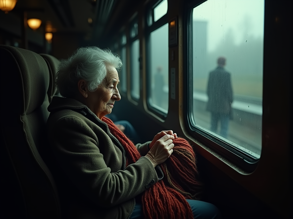 In a dimly lit train carriage, shadows dance as mysterious figures travel. An elderly woman, with silver hair, knits by the window, her hands deftly weaving colorful yarn. The atmosphere is thick with anticipation, evoking nostalgia and wonder, capturing a fleeting moment.