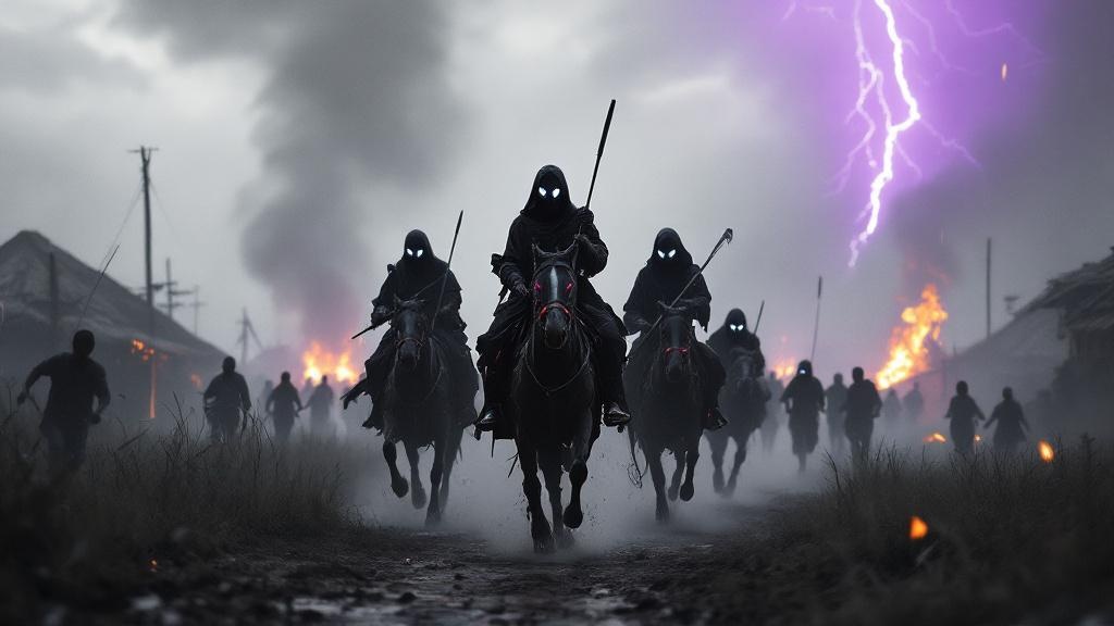 
A cinematic scene in the visual style of Akira Kurosawa, captured with stark black-and-white tones contrasted by selective neon accents — set in the highlands of Jos, Nigeria. Masked Fulani herdsmen, wearing tattered futuristic robes and LED-lit masks, ride on enhanced cyber-horses through a dusty, smoke-filled village at dusk. The environment is textured with rain-soaked mud, tall grass, and traditional Hausa-Fulani huts, some ablaze in the background. Villagers run in panic — their movements captured in motion blur and silhouette. The sky is ominous, crackling with purple lightning. Camera angle is wide and low, with long, dramatic shadows cast across the ground. The herdsmen wield curved machetes and modified spears glowing faintly with alien tech. The atmosphere is tense, mythic, and brutal — evoking Kurosawa’s composition and staging, with deep depth of field, harsh lighting, and wind-blown chaos. The scene mixes afro-neon futurism and ancient tribal elements in a timeless moment of fear and power.