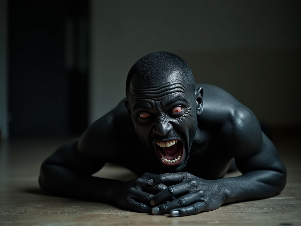 A man collapses on all fours, screaming in rage, his eyes wide and bloodshot, glistening with tears. His skin is completely black, charred. He's in a dimly lit room.