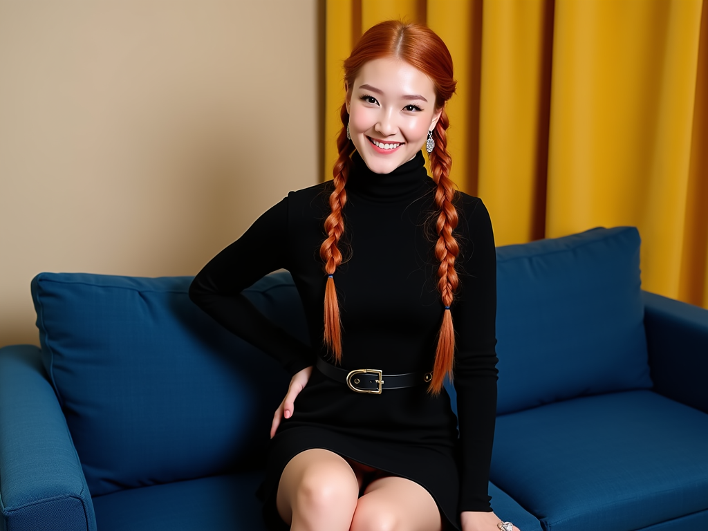 The image is a portrait of a young woman sitting on a blue couch. She has long red hair styled in two braids and is wearing a black turtleneck sweater dress with a black belt around her waist. She is also wearing a pair of silver earrings and has a ring on her finger. The woman is posing with one hand on her hip and the other resting on her thigh. She appears to be smiling and looking directly at the camera. The background is a beige wall with a yellow curtain.