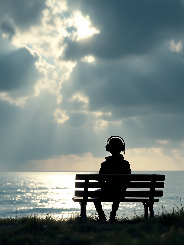 A black stick figure wearing headphones and a hoodie sits on a park bench and watches the ocean. The rays of sunshine subtly break through the clouds concealment
