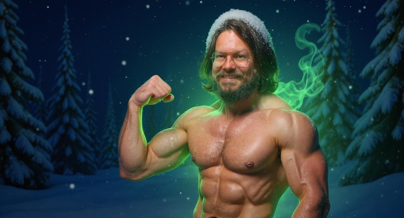A fit, lean man is positioned within the right half of the frame, pressed close to the right edge but leaving approximately 20 centimeters of space from the edge of the screen, ensuring his full figure is clearly visible. He is shown from the chest up, shirtless, confidently flexing his bicep with his arm slightly lowered for a natural, relaxed pose. He is surrounded by a vibrant green glowing aura softly emanating from his body. Wisps of warm vapor rise gently from his skin, adding a misty breath effect that contrasts with the cold environment. The background depicts a winter night forest filled with blue fir trees under a starry sky. Snow gently falls from the sky, with a thick cap of snow resting on his head like a hat and a layer of snow settled on his shoulders, enhancing the cold, serene atmosphere. The dark, snowy setting contrasts beautifully with the bright green aura around the man. The scene features sharp, high-contrast lighting that highlights his muscle tone and facial features. The composition is bold, dynamic, and designed as an eye-catching YouTube thumbnail.