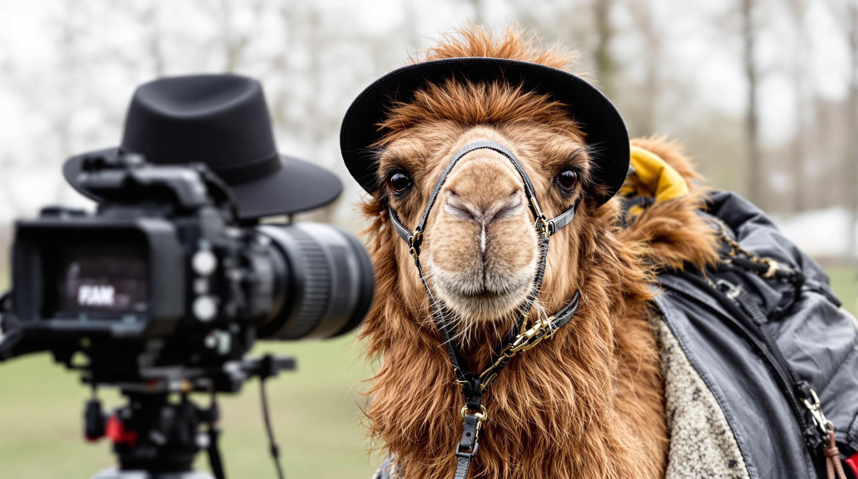 A brown camel with a raincoat and a black hat behind the camera