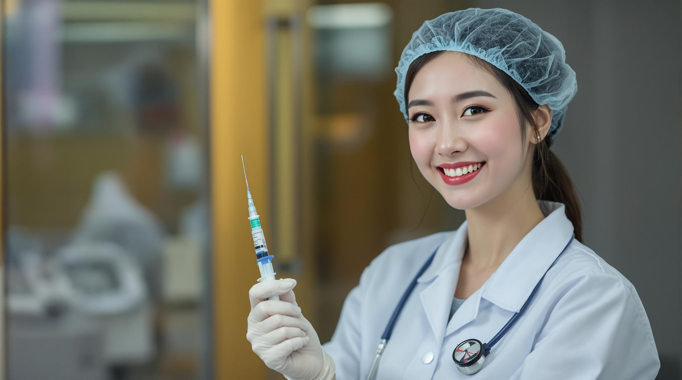 a beautiful chinese nurse, standing 3 meters away, smiles at the camera, injector in hand