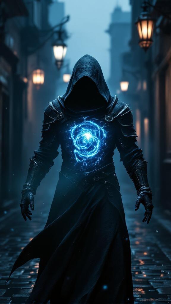 Create a hyper-realistic cinematic scene of the hooded armored figure with the glowing swirling blue energy in his chest. He stands in a shadowy alley, body language showing a dismissive “I guess” attitude. His arms are out to the sides, palms slightly up, as if saying “if you say so.” The hood keeps his face hidden in shadow, but faint blue light spills from his chest core, reflecting on wet cobblestones below. Dim hanging lanterns glow in the background mist, adding dramatic atmosphere.