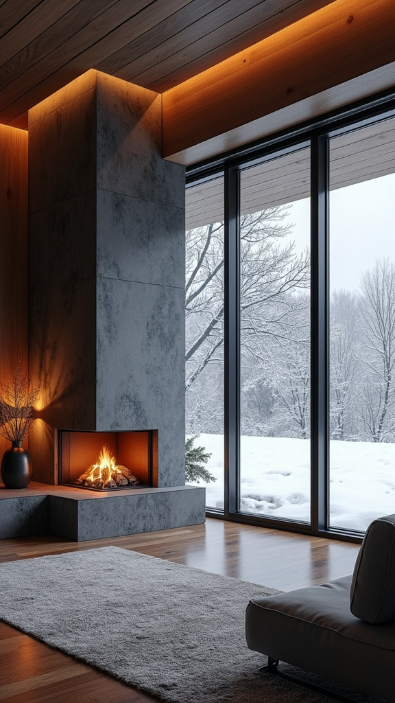 The large luxury room has large window of a fireplace, realistic with snow