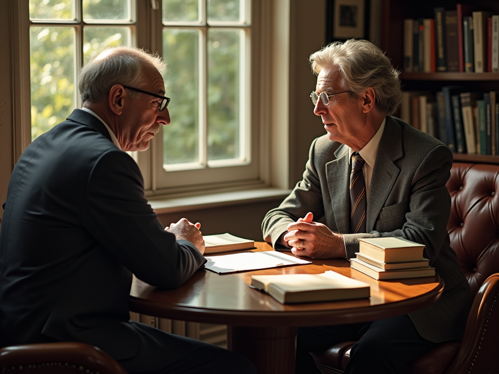 In a hyper-realistic setting, a man and a woman sit across from each other at a polished round table, sunlight streaming through a nearby window, illuminating their intense expressions as they passionately discuss Hemingway's "The Old Man and the Sea," surrounded by books.