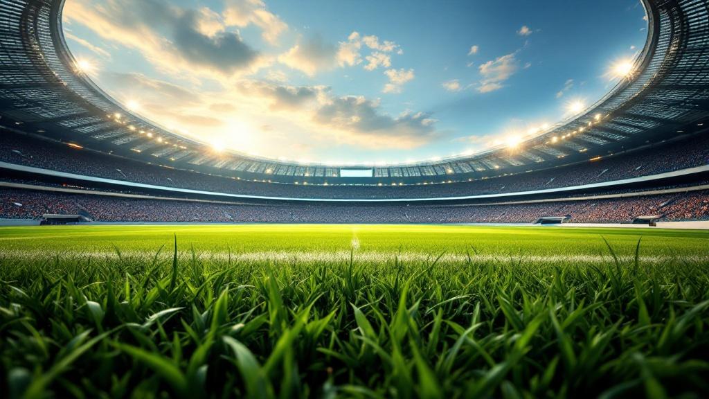 football stadium on background, view from grass, wild angle