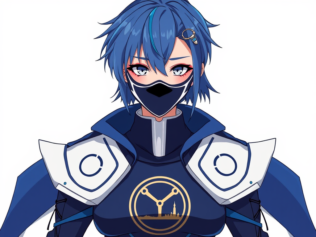 Mizuki has a unique style, with short, blue-tinted hair that highlights her creativity and eccentricity. She is tall and slim, with light gray eyes that show an inventive personality. Her appearance is completed by colorful clothes and modern accessories, combining a futuristic and alternative look.  Now she is wearing a power ranger outfit, in dark blue color, with white shoulder pads, symbol of the constellation of Aquarius on the chest and without a helmet. White background Anime. CLAMP style