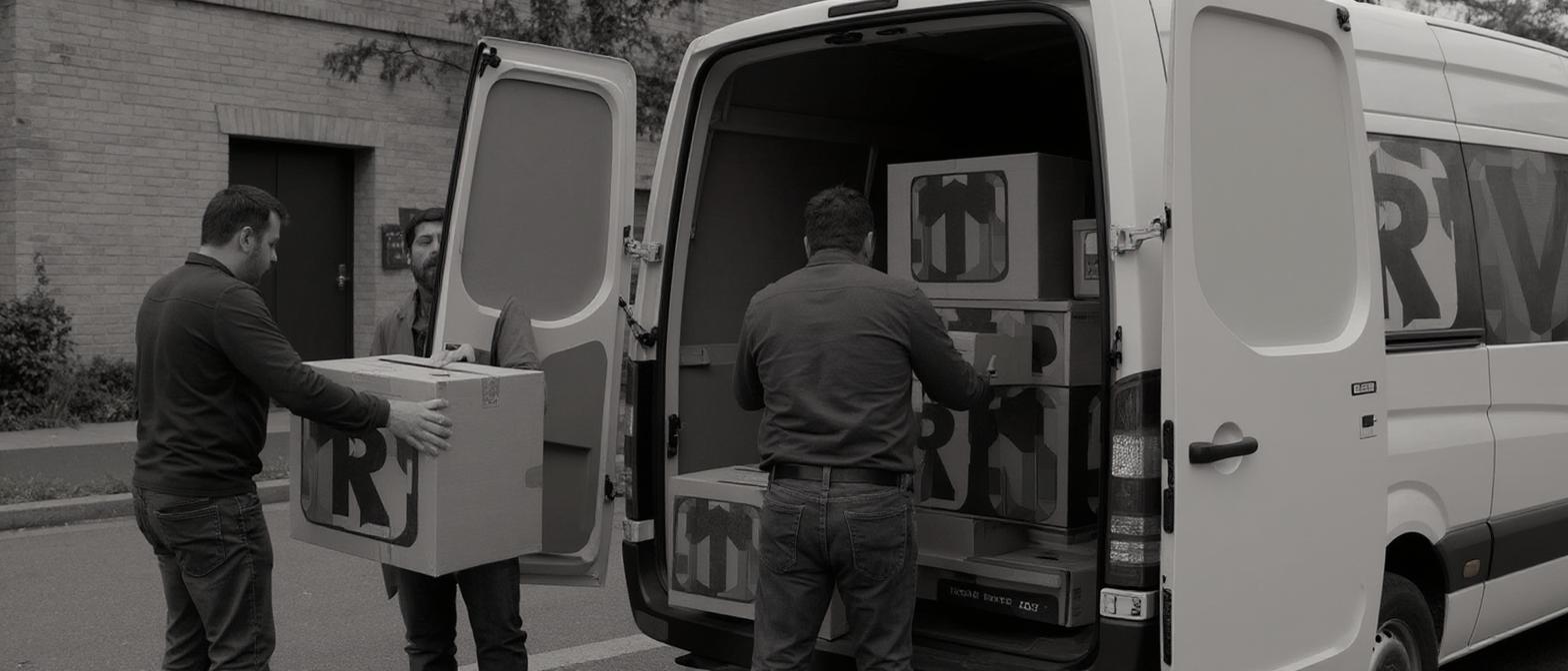 Zwei Arbeiter beladen einen Transporter mit Umzugskartons. Die Kartons sind mit dem beigefügten Logo bedruckt. Das Logo sollte vollständig sein.