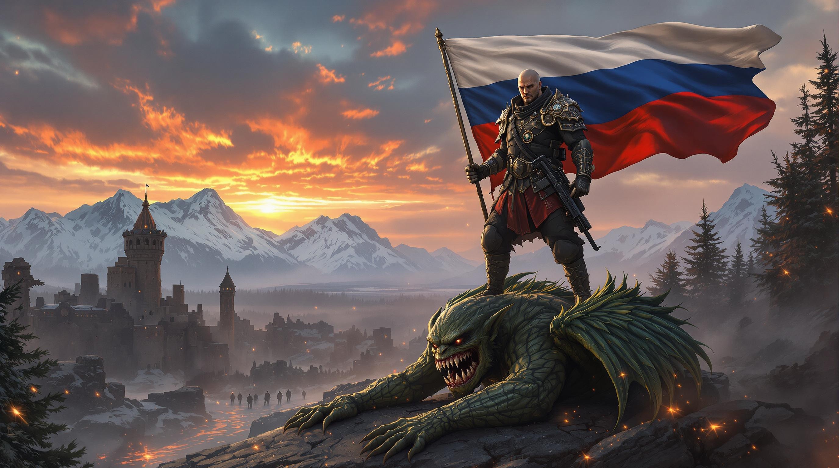 Create an epic image of a heroic Russian soldier standing triumphantly atop a defeated goblin, with the Russian flag waving in the wind behind him. The soldier should be dressed in modern military gear with elements of traditional Russian ornamentation. His face should express determination and bravery, and he should be holding an AK-47 rifle. The goblin beneath his feet should have green, leathery wings and sharp teeth, contrasting with the noble appearance of the soldier. The background should feature a sunset sky with hues of red and orange, and in the distance, there should be ruins of an ancient castle and silhouettes of other soldiers advancing. Far off, snow-capped mountains and a misty forest should be visible. Add magical elements such as glowing runes on the ground and shimmering lights in the sky to give the scene a mystical atmosphere