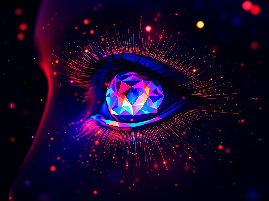 A Telegram bot avatar for nnboxre, a sophisticated internet people-search engine, rendered in a hyperrealistic style with vibrant, contrasting colors.  The avatar features a stylized, multifaceted geometric eye, radiating digital energy, set against a deep, cosmic backdrop.  The overall mood is sleek, professional, and subtly mysterious, reflecting the bot's powerful capabilities.
