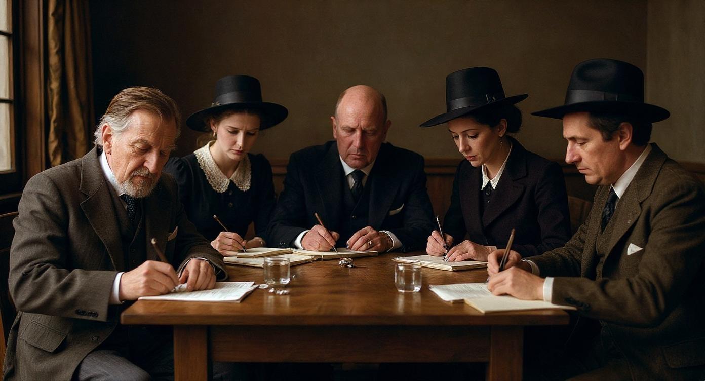 Early 1900s historical scene of Gabriele D'Annunzio seated at a wooden table with five other people, men in formal Edwardian suits, women in elegant early 20th-century dresses and hats, engaged in reading and writing. Warm indoor lighting, realistic wooden textures, fine historical details, ultra high resolution, cinematic hyperrealism, natural skin tones, subtle warm color grading, shallow depth of field, photographed with an ARRI Alexa 65, aspect ratio 16:9.

