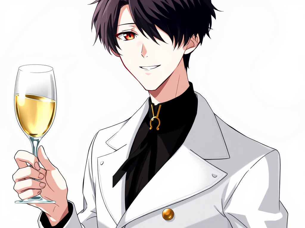 Ren has a mysterious appearance, with short black hair, piercing eyes and pale skin. Tall and thin, he has a reserved and introspective air. He prefers dark-colored clothing and often has a serious expression, revealing a unique depth and intensity.
Now he is wearing the same clothes, but completely white with gold details, holding a glass of champagne and smiling.
White background. Anime. CLAMP style