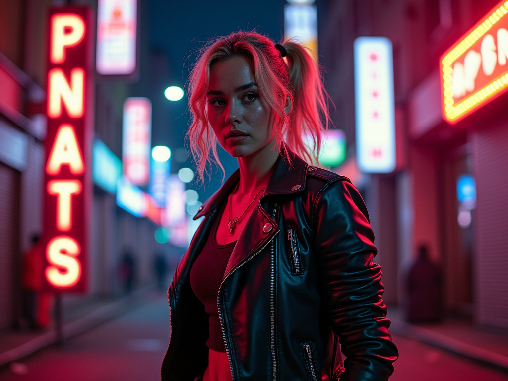 Panam Parker stands confidently in a neon-lit alley of Night City, her striking features illuminated by vibrant holographic advertisements. Dressed in a rugged leather jacket, he exudes a rebellious spirit. The atmosphere is charged with tension, reflecting her fierce determination and resilience.