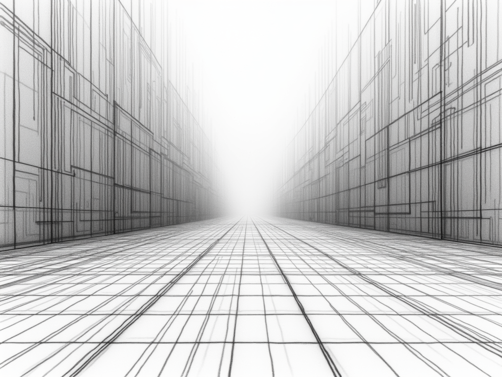 Create a mesmerizing black and white pencil sketch of a vast 3D grid environment, where intricate lines stretch infinitely into the horizon. Shadows dance across the grid, evoking a sense of depth and mystery, inviting exploration of this abstract, limitless space.