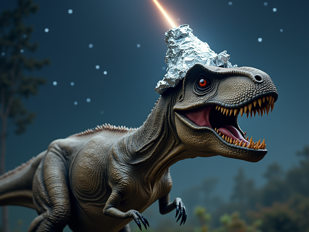Creat an image of a tyrannosaurus Rex wearing a tinfoil hat as a comet passes overhead.
