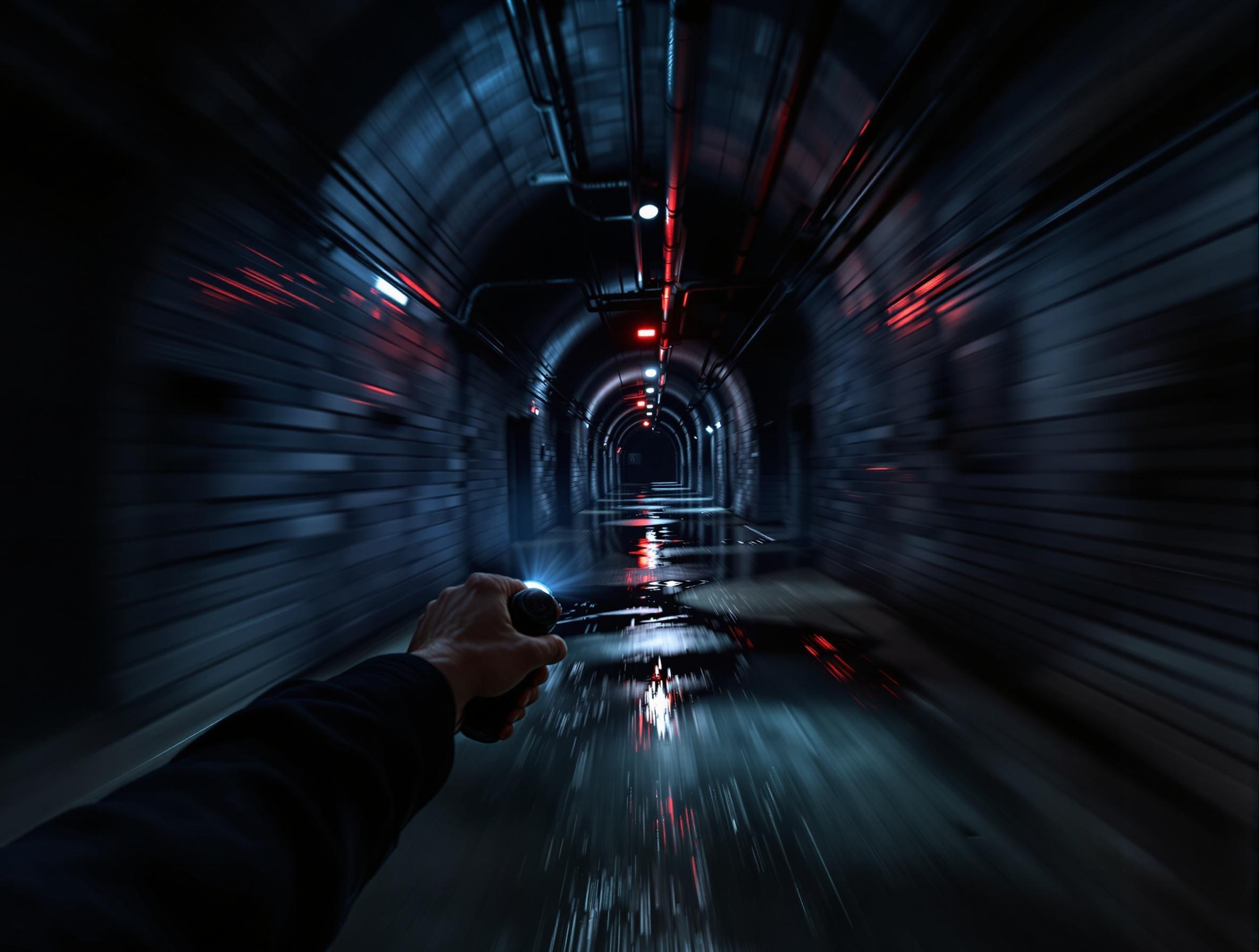 First person POV running through dark basement corridor, camera mounted on forehead showing urgent escape, NO PERSON VISIBLE in frame, stone brick walls rushing past with motion blur effects, low arched ceiling with pipes and electrical conduits, emergency lighting strips casting dramatic shadows, water puddles on concrete floor reflecting light, handheld flashlight beam cutting through darkness, hands occasionally visible at bottom of frame in dark sleeves, rapid forward movement through underground tunnel, basement storage doors along corridor walls, urgent survival atmosphere, found footage camera shake from running motion, corridor extending into darkness with perspective lines, cold blue atmospheric lighting mixed with emergency red accents, dramatic depth of field with motion blur on sides, sharp focus on corridor ahead, wet concrete textures, metal pipes, electrical fixtures, steam and water dripping effects, 16:9 cinematic format, 8K resolution, documentary realism, survival horror underground atmosphere.