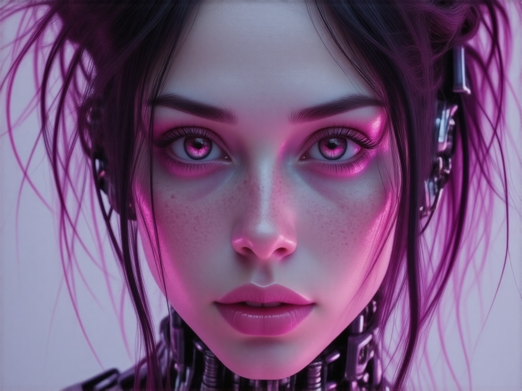 A hyperrealistic portrait captures a stunningly beautiful humanoid hybrid whose machine-like features exude a vintage fashion essence. Isolated against a transparent background, the image, lensed with a telephoto for exquisite detail, showcases natural hairy skin with small pores and intricate eyes, all in the hauntingly beautiful H.R. Giger style. Neonpunk vibes permeate the piece, with sleek, ultramodern touches and a vaporwave aesthetic. Vibrant magenta highlights dance across the subject, casting dark purple shadows in a high-contrast, cinematic display that is both ultra-detailed and crisply professional, embodying the essence of cyberpunk allure.