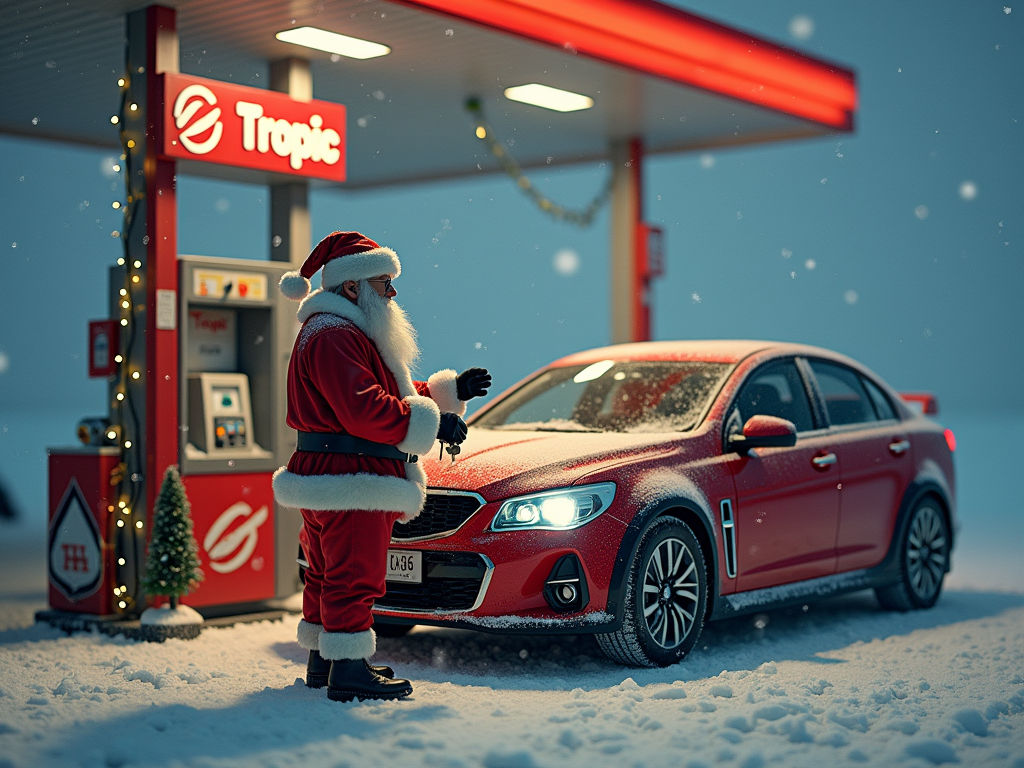 A realistic and surreal Christmas scene in the South Pole at a gas station with the logo of the Australian fuel company 'Tropic' visible on the station sign and fuel pumps. Inside the gas station, Santa Claus stands, looking concerned and determined, as a male gas station attendant, dressed in a uniform with the company logo, hands him the keys to a red Holden car. The attendant has a friendly yet professional demeanor, with his face fully visible, and hands and facial features properly proportioned and realistic. Santa holds the keys with urgency and hope. The gas station is warmly lit, decorated with Christmas lights, standing stark against the snowy, frozen landscape outside. Snow gently falls, creating a serene yet adventurous atmosphere.