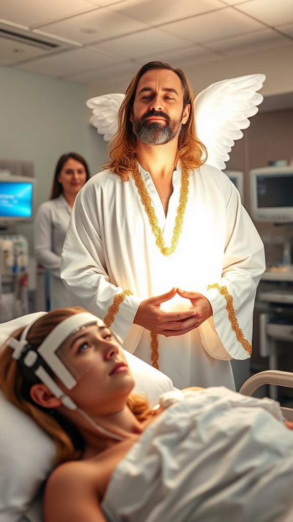 The image features a well-lit scene in a modern hospital environment, with monitors and medical equipment visible in the background. In the foreground, a patient is lying in a hospital bed, covered in white sheets. She wears a medical device similar to a mask or shield over her eyes and appears emotional, with her mouth slightly open, looking up.

In the center of the image, there is a man with long hair and a well-groomed beard, dressed in a white tunic that has decorative golden edges, conveying an angelic or spiritual appearance. He has his eyes closed and his hands joined in a gesture of prayer, slightly tilting his head down, radiating a warm, soft light that illuminates his face and hands, creating an almost supernatural highlight.

In the background, further to the left, a woman also dressed in white, possibly a nurse or doctor, observes the scene with a gentle smile and an expression of serenity. The environment in general is clean and organized, with an atmosphere of peace and spirituality reinforced by the elements and lights in the composition.