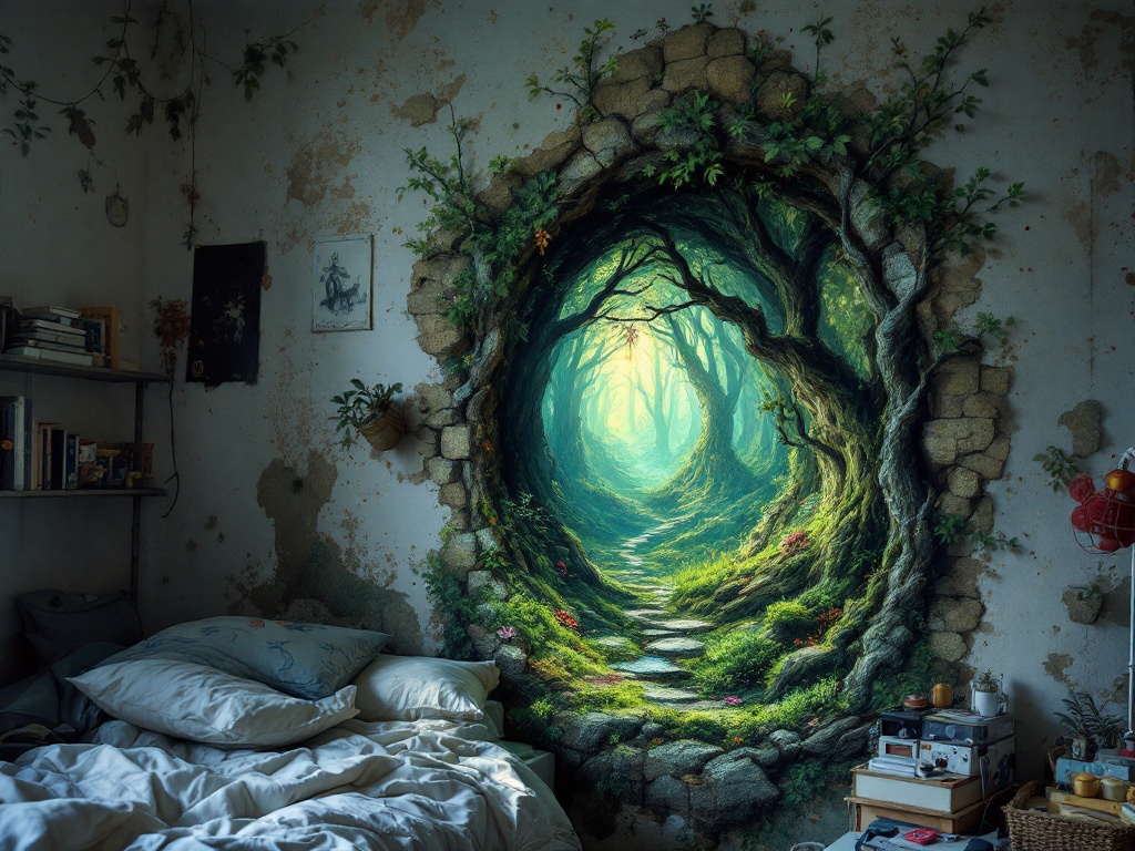 a portal into a mythical forest on the wall of my small messy bedroom