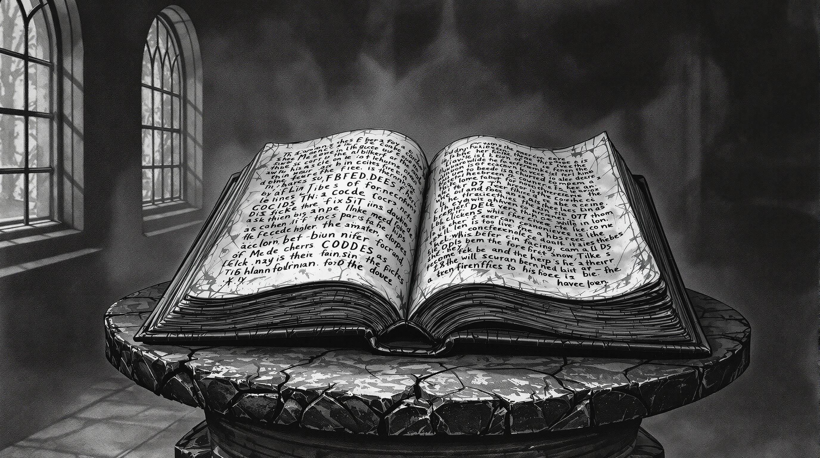 Charcoal cross hatch-drawing of an open mythical volume filled with scribbles of forgotten codes on its weathered pages displayed on a cracked pedestal. Inside of a mystical library, creating a creepy mood, strengthened by misty lighting; masterpiece, very aesthetic, high contrast
