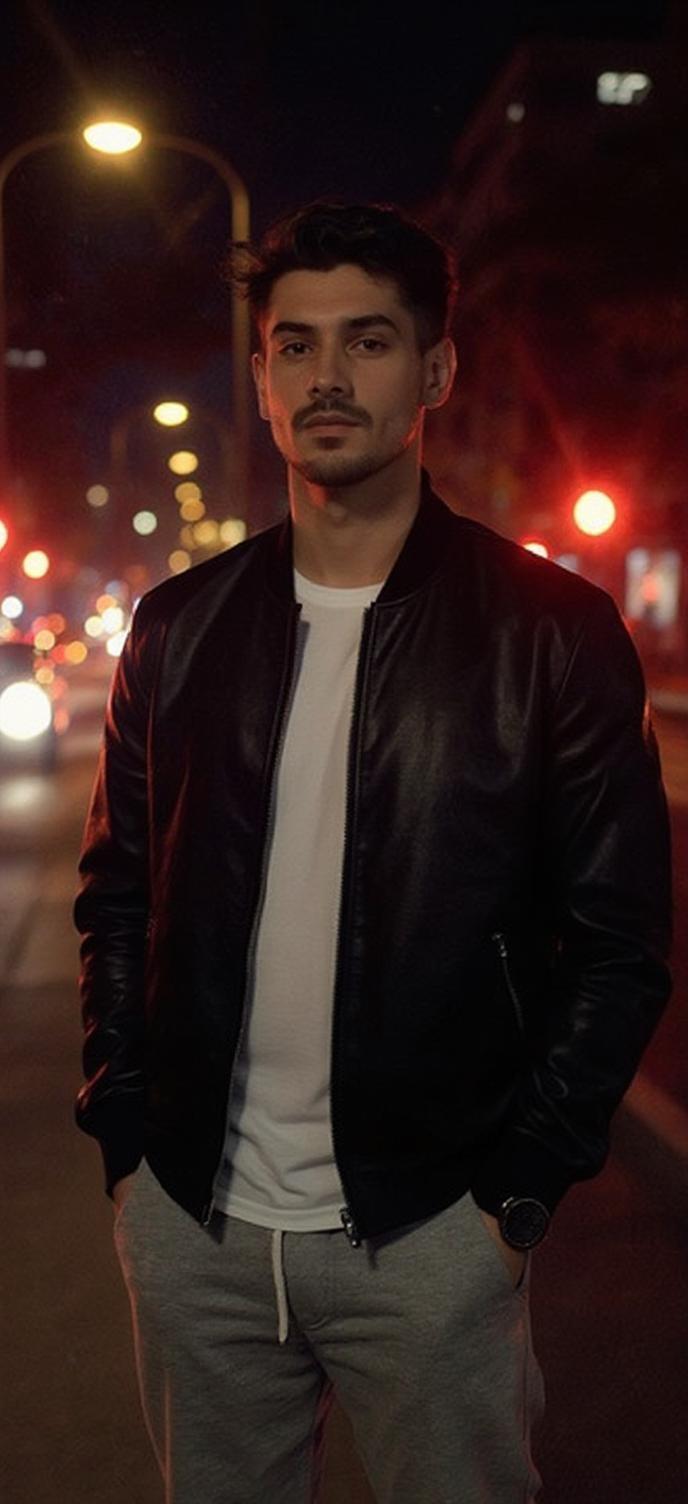 Un retrato cinematográfico de mí de noche en un entorno urbano, de pie de manera informal, ligeramente inclinado hacia atrás y con las manos apoyadas en los bolsillos. Mis hombros están sueltos, exudando una actitud segura pero relajada. Llevo una elegante chaqueta bomber negra sobre una camiseta blanca limpia, combinada con pantalones deportivos oscuros con cordones visibles. Mi cabeza está ligeramente inclinada hacia arriba y ligeramente hacia la izquierda, mientras mi mirada está fija directamente en la cámara. Detrás de mí, un desenfoque de luces de la ciudad en cálidos tonos rojos, naranjas y blancos forma un vibrante bokeh, realzando la profundidad de la escena. La atmósfera es cálida y melancólica, con reflejos ambientales de las farolas cercanas que añaden suaves toques de luz a la chaqueta. La estética general refleja un ambiente moderno y urbano. Misma cara