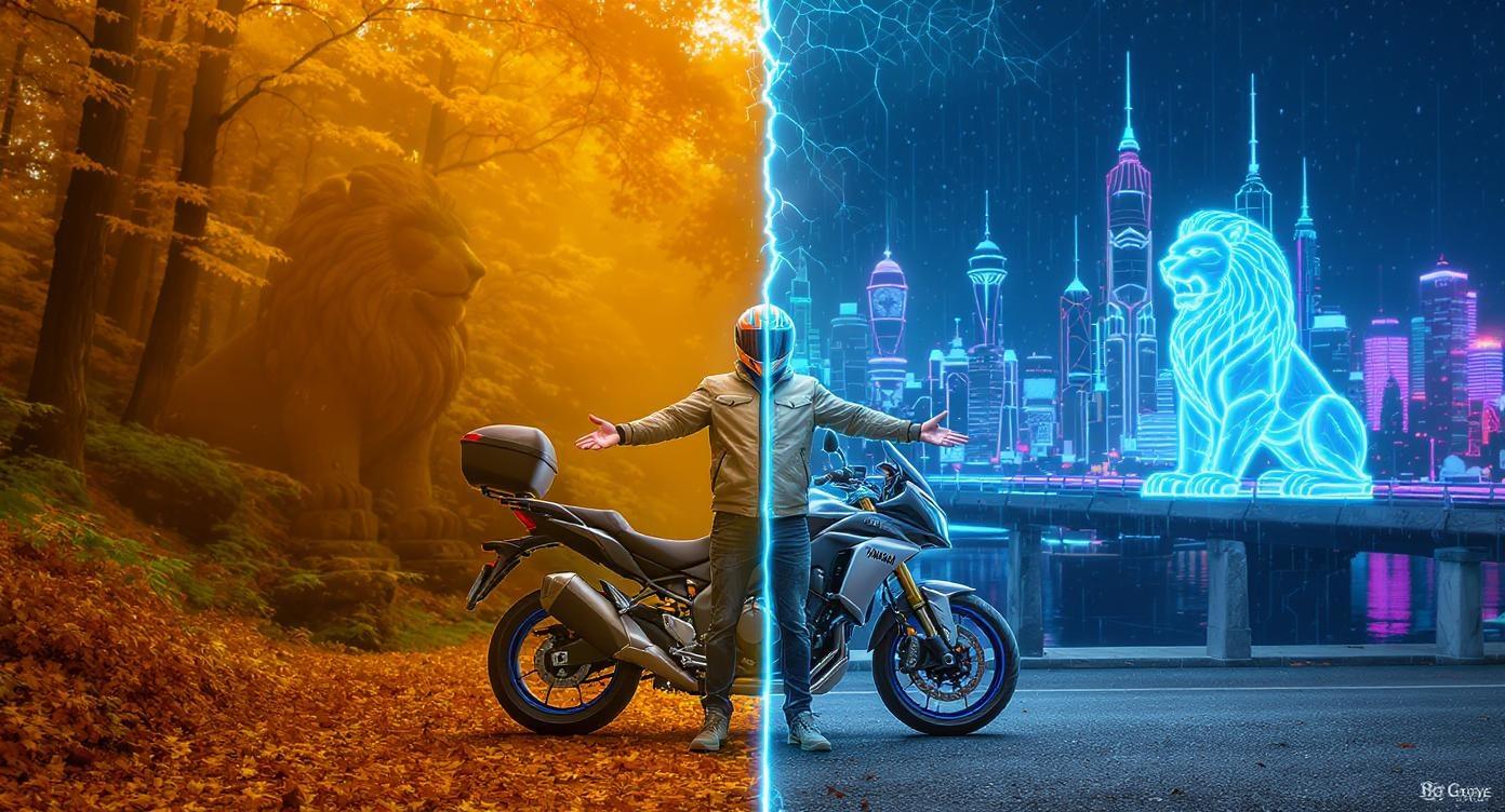 A man stands in front of his Yamaha Tracer sport-touring bike with side cases. He is wearing a beige jacket, blue jeans and grey motorcycle helmet with orange and blue patterns. He stands both feet on the ground slightly apart, arms slightly outstretched as if presenting both realms. In the background on the left, there's a magic orange-green deep forest. And there is an ancient lion stone statue. On the right side of the bridge over the river, we can see a futuristic cyberpunk city skyline glowing with neon lights and holograms. And there is another lion statue, perfectly symmetrical and identical to the stone one, but made out of glowing blue neon. Composition is flat, symmetrical, suited for a facebook cover picture, showing a clearly gradual gradient transition from left to right from deep forest to the cyberpunk city. Cinematic futuristic photorealistic ultra-detail atmospheric shot.