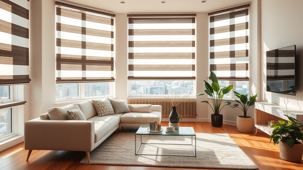 Imagine a serene interior scene where elegant, thick striped fabric blinds, adorned with bold black and white patterns, gracefully filter soft sunlight into a modern living room. The warm wooden floors reflect the light, enhancing the minimalist furniture's sleek lines, creating a tranquil, stylish atmosphere. A plush, cream-colored sofa invites relaxation, while a delicate glass coffee table rests atop a textured area rug, adding depth. Potted green plants in the corners breathe life into the space, harmonizing with the soothing ambiance, evoking a sense of calm and sophistication, perfect for unwinding or entertaining guests.
