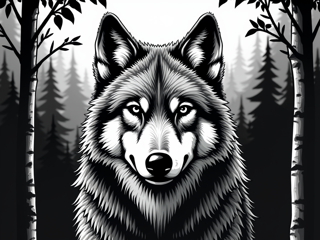 The image is a black and white illustration of a wolf's head. The wolf's face is in the center of the image, with its eyes looking directly at the viewer. Its fur is shaded in a way that gives it a realistic appearance. The background is filled with trees, creating a forest-like atmosphere. The overall style of the illustration is bold and striking.