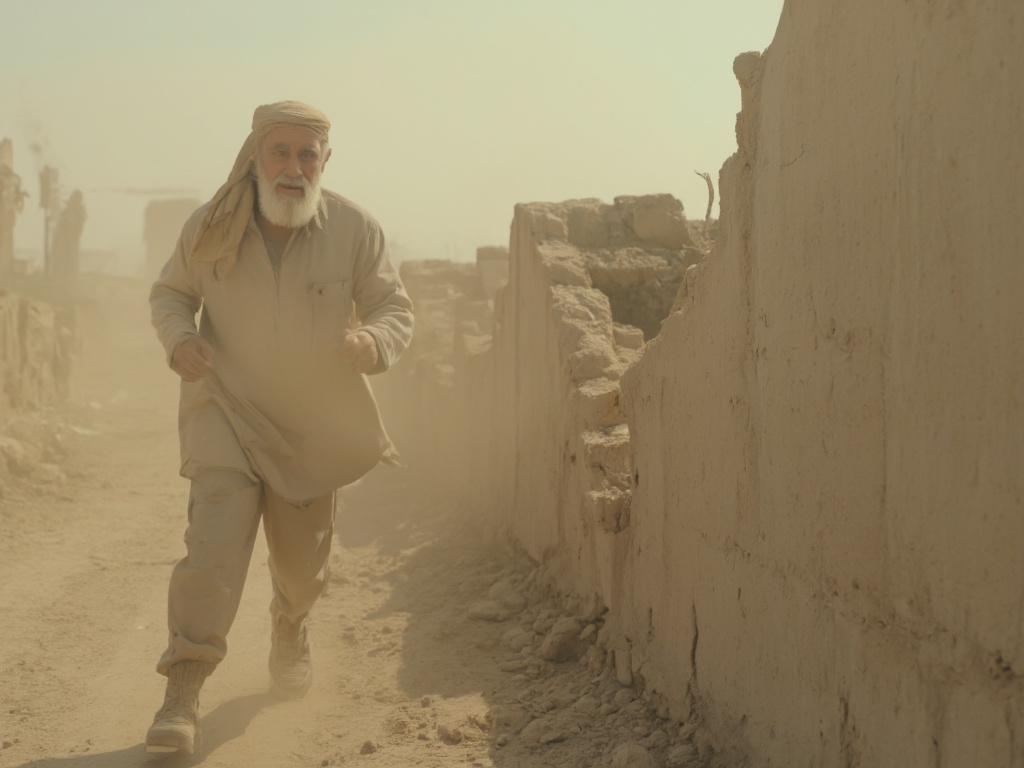 Side view. Documentary film scene of a man running from left to right along a half-destroyed concrete wall. The man is about 60 years old and has an Arab appearance. He looks anxious. It is dusty. Dust particles are floating in the air. He wears a beard. A shot from real life. Realistic and not too professional. Motion blur. Style of a war documentary.