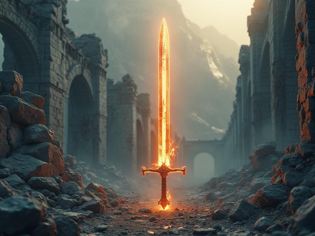 4k photo real  of crumbling ruins, and glowing sword embedded in the earth 