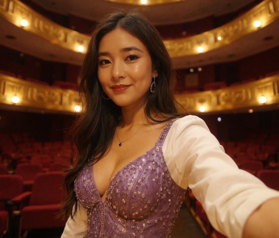 Ayudame a editar que quiere que se note que estoy en un teatro de musica quiero estar con un vestido elegante y muy linda