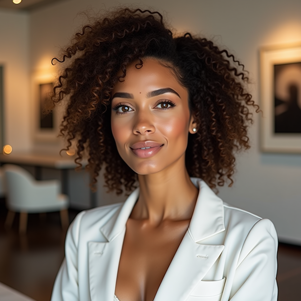 Imagine a Brazilian woman with almond-shaped, light brown skin, serving as the face of a modern aesthetic clinic. Her illuminated brown curls frame a captivating face, with striking brown eyes that draw attention. She exudes professionalism, surrounded by sleek, contemporary decor, soft lighting, and calming colors, creating an inviting atmosphere. The clinic's design features minimalist furniture and elegant artwork, enhancing her confident demeanor. Her full, well-defined lips complement her poised expression, embodying beauty and expertise in health and aesthetics, inviting clients into a world of rejuvenation and care.