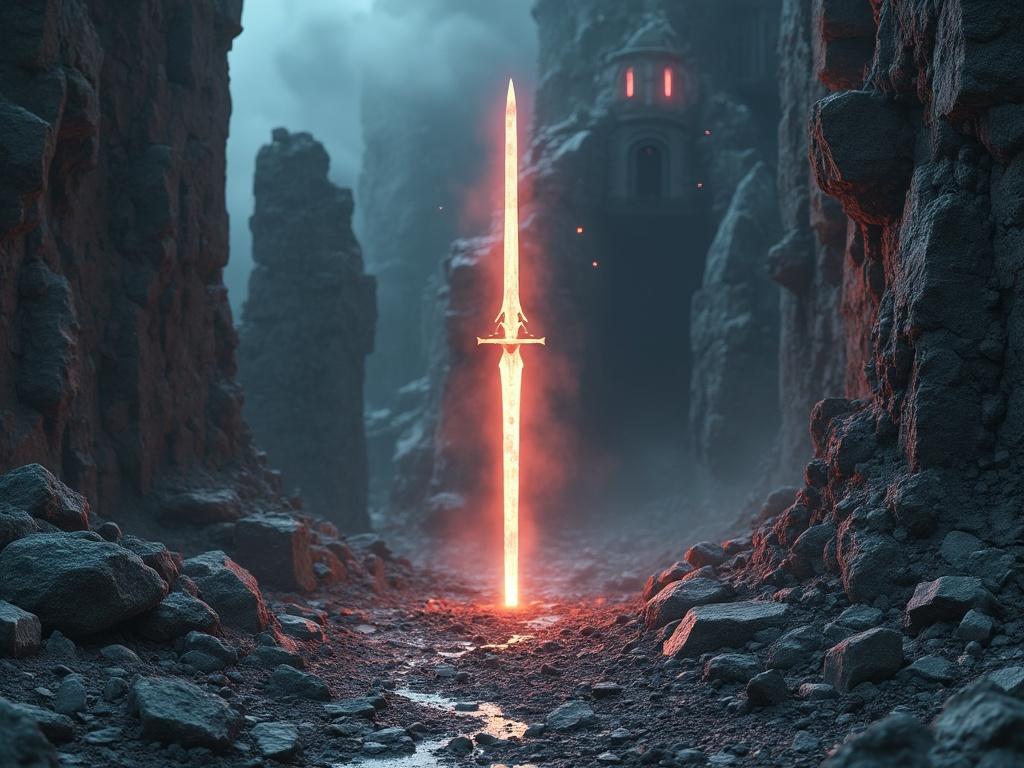 4k photo real  of crumbling ruins, and glowing sword embedded in the earth 