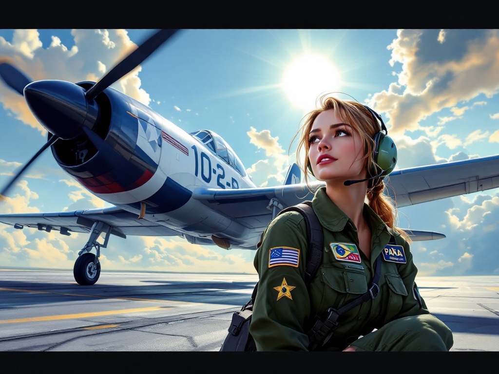 Crie uma imagem no estilo de animação. Nessa imagem terá uma tenente da aeronáutica brasileira que está em uma pista de voo, com um avião a-29 super tucano da esquadrilha da fumaça ao fundo. Coloque um céu com um pôr do sol bem bonito. A tenente deve estar usando o 10º uniforme da força aérea brasileira, que é o uniforme camuflado, com cobertura na cabeça e boot preto. Coloque o nome de guerra da tenente no uniforme, o nome é PAES e o tipo sanguineo é O+. Essa tenente tem pele branca e cabelo castanho, ela deve estar de rabo de cavalo. Ela também deve estar utilizando um óculos de grau, cuja armação tem formato gatinho de acetato e metal na cor branca.
