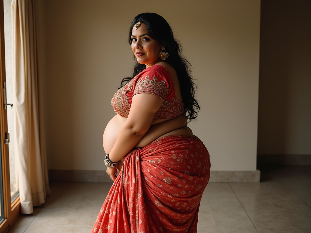 A hot chubby Punjabi woman in her 50s with her voluptuous body in her traditional dress, emphasizing her butts