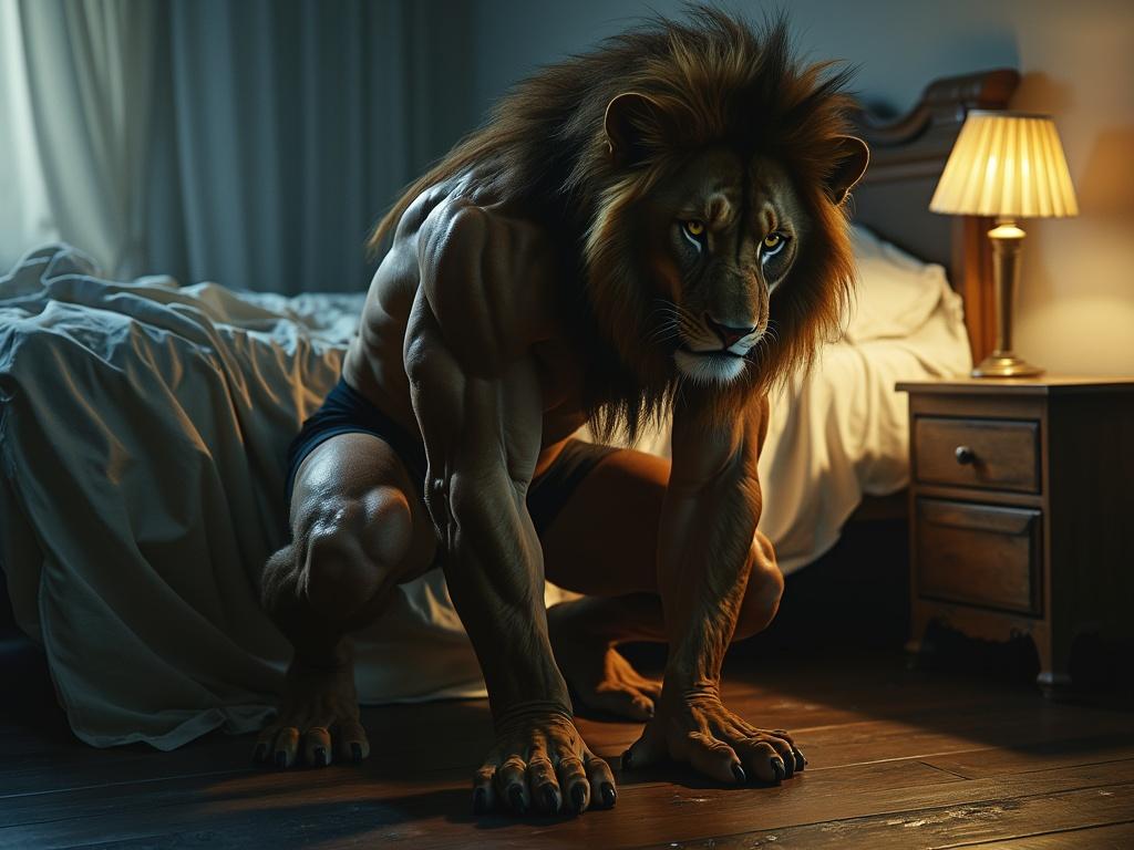 a-muscular-human-lion-hybrid-crouched-on-a-dark-g0sq10t4q7