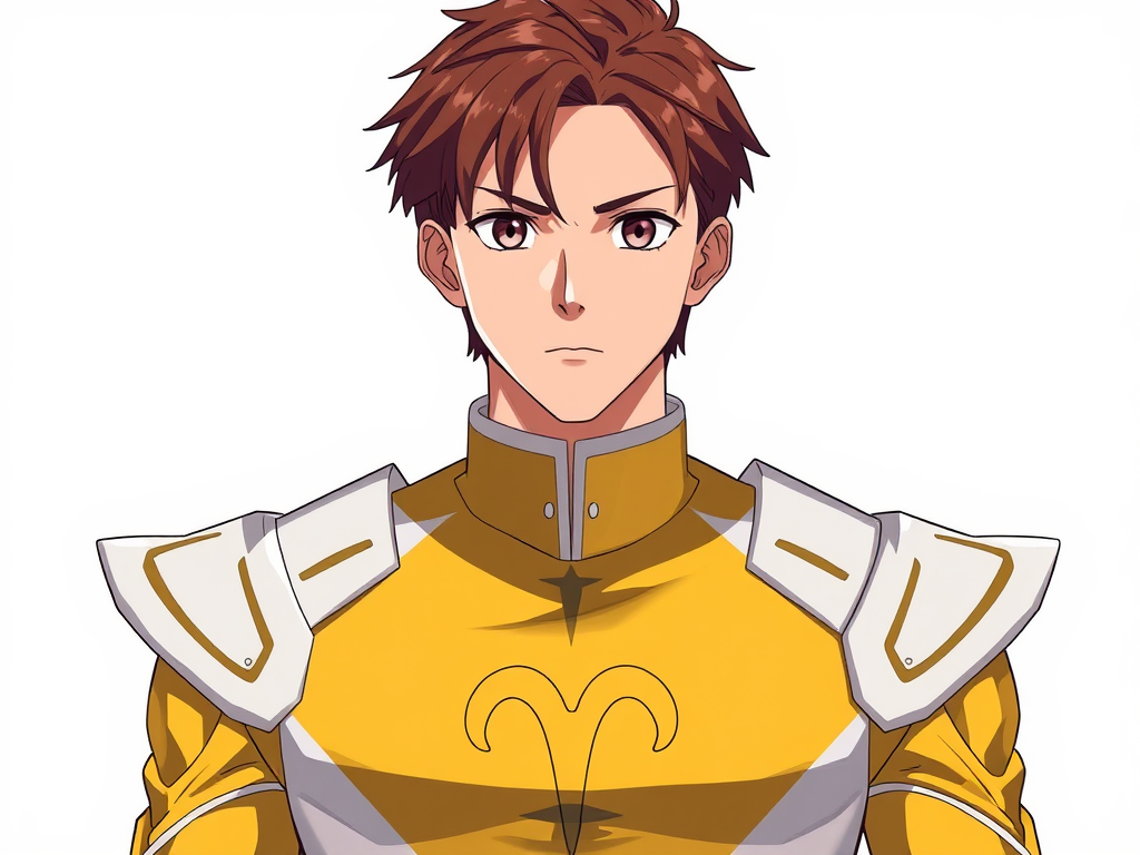 Kai is of average height, with a slim and well-defined body, reflecting discipline and precision. He has short brown hair, always well-groomed, and brown eyes that convey calm and attention to detail. His clothes are simple and discreet, usually in neutral tones and classic cuts, which match his practical and efficient style. Now he is wearing a power ranger outfit, in golden yellow color, with white shoulder pads, symbol of the constellation of Aries on the chest and without a helmet. White background Anime. CLAMP style