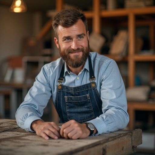 A picture of a man with suite in the workshop while he is producing a kid