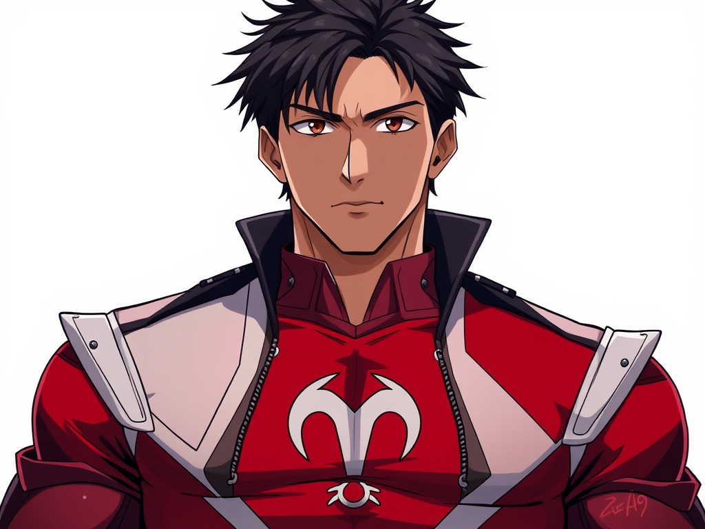 Kyo is tall, muscular and athletic, reflecting his leadership spirit and courage. He has short, dark hair, usually a little messy, and intense brown eyes that show determination. He usually dresses casually, with dark tones and a leather jacket that matches his somewhat rebellious style. Now he is wearing a power ranger outfit, in deep red color, with white shoulder pads, symbol of the constellation of Aries on the chest and without a helmet. White background Anime. CLAMP style