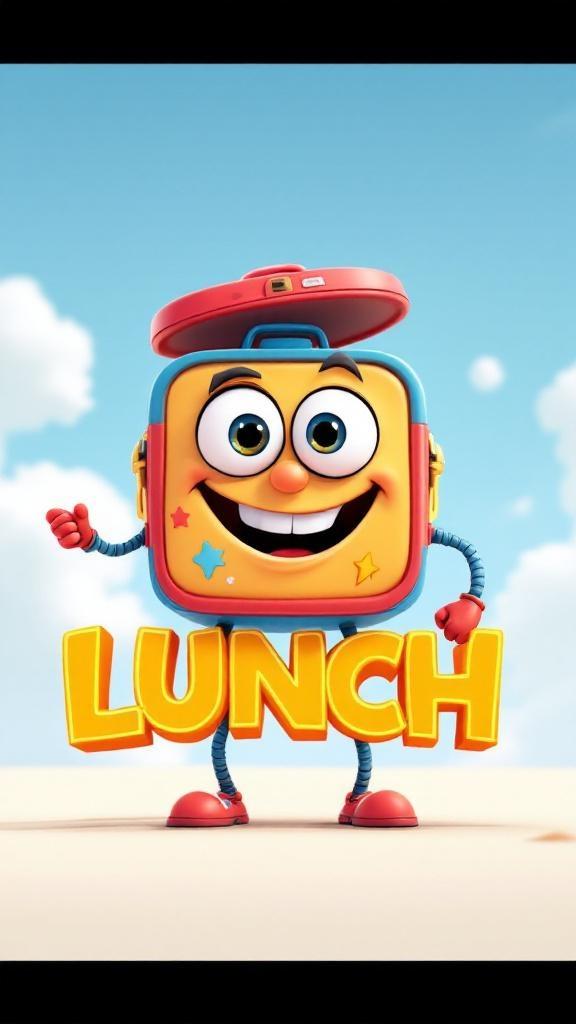 Design a Pixar-style logo featuring a friendly, animated lunchbox character as the central figure. The lunchbox is slightly rounded, with bold colors like red, blue, or yellow, and decorated with fun stickers (stars, lightning bolts, smiley faces). It has big, expressive eyes on the lid, a wide goofy smile where the latch is, and little legs and arms made of bendable rubber-like material. The lunchbox is standing proudly in the center of the logo, striking a heroic pose with its lid slightly open like a hat flipped back. The background is a soft, gradient Pixar-style sky (light blue to white), and playful, chunky letters wrap around or sit beneath it, spelling out the brand or name in a bright, 3D cartoon font. Add subtle lighting and soft shadows to give it that polished Pixar look, with a touch of charm and humor in the character's pose and expression.