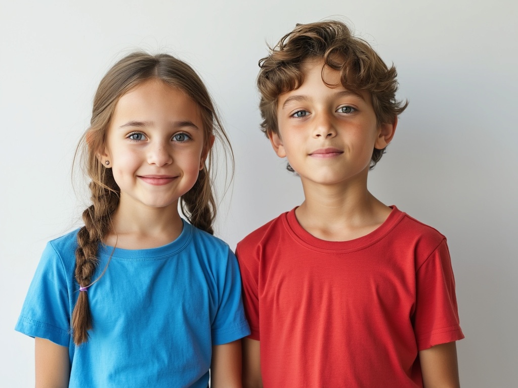 portrait of 8 years old girl and boy.  Girl wearing blue tshirt. Boy wearing red tshirt. They are standing opposite to camera. White background